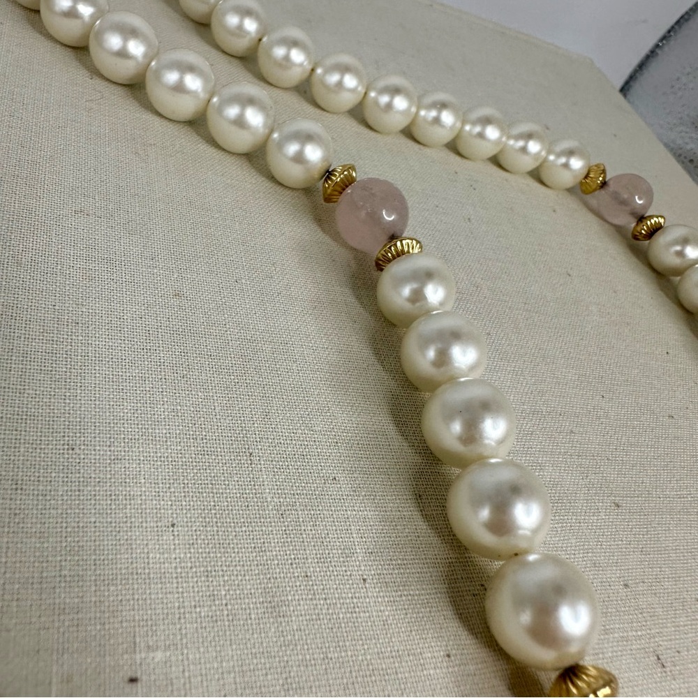 Vintage Napier Faux Pearl w Pink Quartz Beaded Necklace - Picture 3 of 4